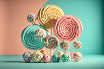 a group of colorful lollipops on a blue background with a pink background and a green background., generative ai