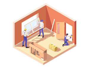 Installer workers from interior renovation service. Professional repairman in blue uniform installing window and door frame inside room. House indoor renovation process. Isometric vector illustration