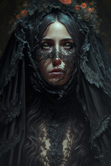 Fototapeta na wymiar dead bride in black, ghost, santa muerte, zombie, witch, art illustration