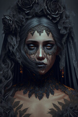 dead bride in black, ghost, santa muerte, zombie, witch, art illustration