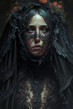 dead bride in black, ghost, santa muerte, zombie, witch, art illustration