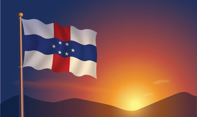 Netherlands Antilles flag sunset background  Vector Illustration