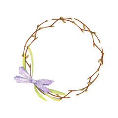 Watercolor hand drawn circle wreath with spring flowers, daffodils, crocus, snowdrops, branches Isolated on white background Design for invitations, wedding, greeting cards, wallpaper, print, textile.