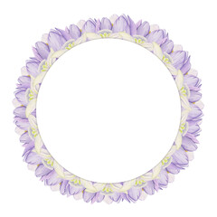 Watercolor hand drawn circle wreath with spring flowers, daffodils, crocus, snowdrops, leaves. Isolated on white background. Design for invitations, wedding, greeting cards, wallpaper, print, textile.