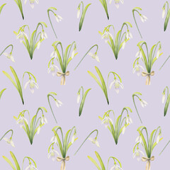 Fototapeta na wymiar Watercolor hand drawn seamless pattern with spring flowers, snowdrops, leaves, stems. Isolated on color background Design for invitations, wedding, greeting cards, wallpaper, print, textile.