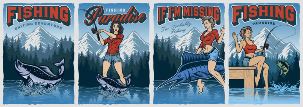 Bundle of vintage fishing posters with pin up girls, fishing rod, marline, salmon and wild nature