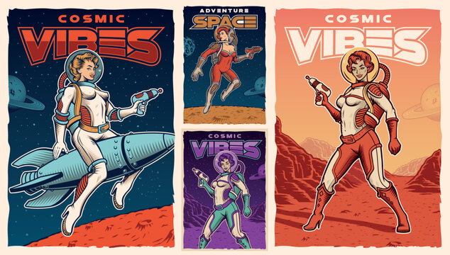 Set of vintage space posters with pin up astronaut girls, planets and space landscape