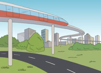 Fotobehang Monorail train road city graphic color landscape sketch illustration vector © aluna1