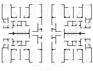 Architect's layout drawing of 4 medium size apartments with 3 bedrooms complete with furniture. 2D drawing using CAD in black and white. 4 houses sharing the same floor. 