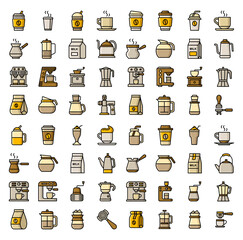 Set of Coffee Related Vector Line Icons. Contains such Icons as Cezve, Coffee Maker Machine, Beans and more. Barista icons set. coffee icon pack. Set of barista vector icons for web design