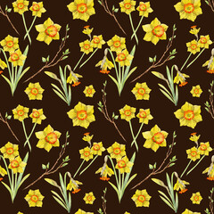 Watercolor hand drawn seamless pattern with spring flowers, daffodils, leaves, stems, branches. Isolated on white background Design for invitations, wedding, greeting cards, wallpaper, print, textile.