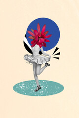 Vertical collage image of excited black white gamma girl flower instead head wind blow skirt...