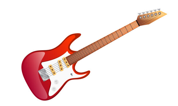 Red white electric guitar in realistic flat style. Bass guitar rock musical instrument isolated on white background. Equipment for musician band concert on hard rock metal music. Vector illustration
