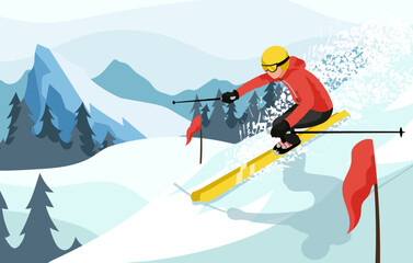 Skier sliding in mountains slope. Winter sports competition activities on skis in snowy Alps. Extreme skiing in ski resort. Country cross landscape with slalom flags on background. Vector illustration