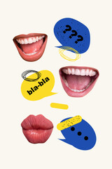Vertical collage photo of talking mouth people conversation phrases opinions dialogue blabla...