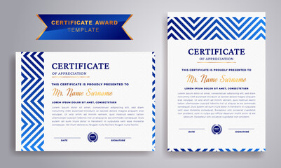 Blue and gold certificate of achievement border template with luxury badge and modern line pattern. For award, business, and education needs.