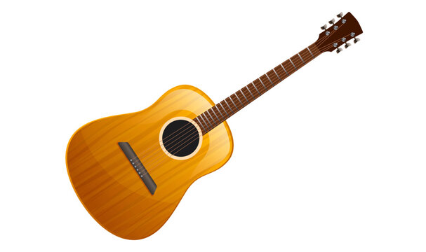 Acoustic guitar in realistic flat style. Classic stringed hobby musical instrument isolated on white background. Brown wooden vintage design. Equipment for pop concert, jazz music. Vector illustration