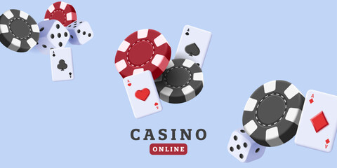 Casino composition with 3d render chips, dice anf aces cards, dynamicly flying in the air
