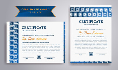 Blue and gold certificate of appreciation border template with luxury badge and modern line pattern. For award, business, and education needs.
