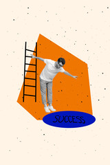 Vertical collage image of black white colors guy arm hold ladder balancing look success hole isolated on creative background