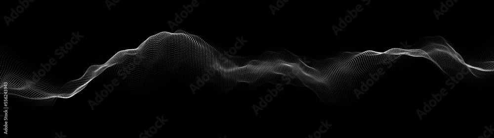 Poster a wave of particles. abstract dark background with dynamic wave. the concept of technological backgr