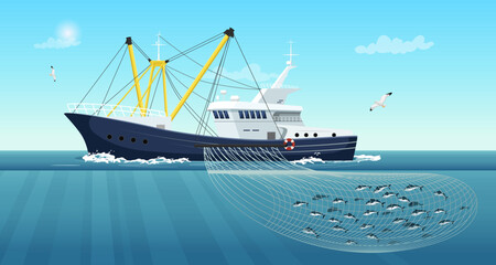 Commercial fishing ship with full fish net under water. Fishing boat working in ocean catching by seine food: tuna, herring, salmon. Industry vessel with yellow mast in seascape. Vector illustration