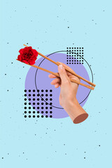 Vertical creative 3d photo collage illustration of hand hold sticks red rose instead of sushi roll isolated on turquoise color background