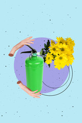Collage photo of absurd creative surreal extinguisher yellow daisy flowers inside object...