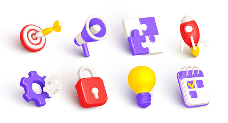 Isometric icon set. Innovation 3d design symbols for interface in app with different elements light bulb, megaphone, rocket, red lock, calendar. Web chat office buttons collection. Vector illustration