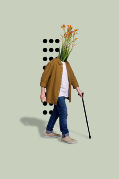 Vertical collage image of aged person fresh flowers instead head hold cane stick walking isolated on painted background