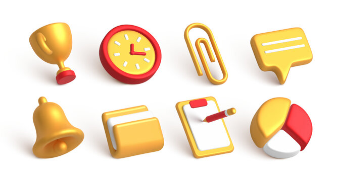 Isometric icon set. 3d design symbols for app with different elements golden cup, clock, stationery clip, ring bell, notebook, file and folder. Web chat office buttons collection. Vector illustration