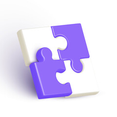 Puzzles violet color in isometric style. Teamwork icon isolated on white background. Single image of success connection in 3d design. Creative symbol for online chat app, web user. Vector illustration