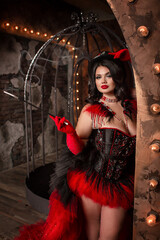 elegance, costume, erotic, seductress, standing, gorgeous, luxury, expression, bright makeup, scene, feathers, party, burlesque woman, burlesque show, burlesque dancer, burlesque, plus size woman, plu