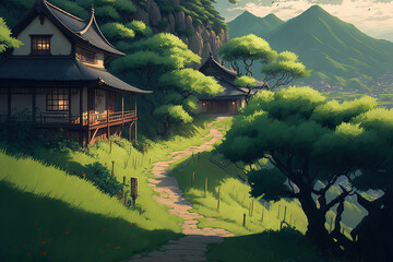 Ghilbli style village hill houses