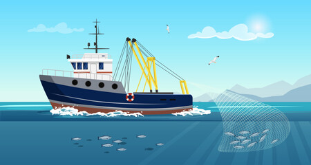 Naklejka premium Commercial fishing ship with full fish net under water. Fishing boat working in ocean catching by seine food: tuna, herring, salmon. Industry vessels with yellow mast in seascape. Vector illustration