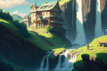 Ghilbl style hill houses with waterfall