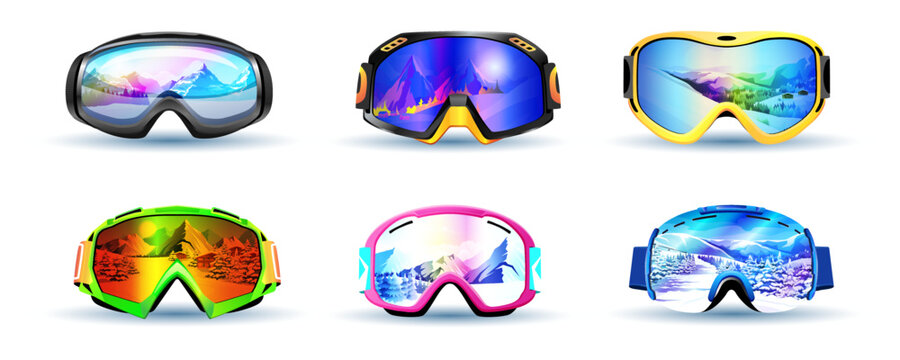 Set of ski goggles masks for skier or snowboarder isolated on a white background. Winter sport realistic design banner with colorful eyeglass equipment. Mountains in mirror glass. Vector illustration