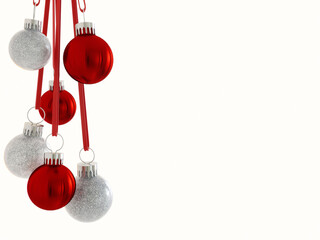 3D render of bundle of red and silver hanging glass balls