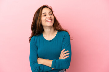 Obraz premium Young caucasian woman isolated on pink background happy and smiling