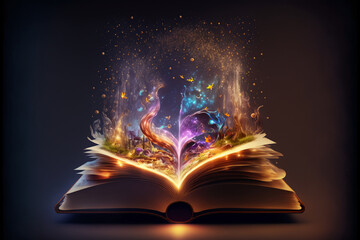 Big opened magic or fantasy book. Fantasy literature concept. Generative AI.