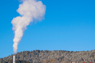 Smoke comes from the chimney against the background of a coniferous dark green forest in the snow and blue sky