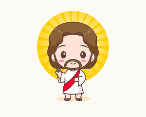 Cute Jesus Christ with blessing hand cartoon character. Hand drawn Chibi character, clip art, sticker, isolated white background. Christian Bible for kids. Mascot logo icon vector art illustration