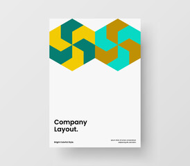 Vivid journal cover A4 design vector concept. Isolated geometric hexagons presentation template.