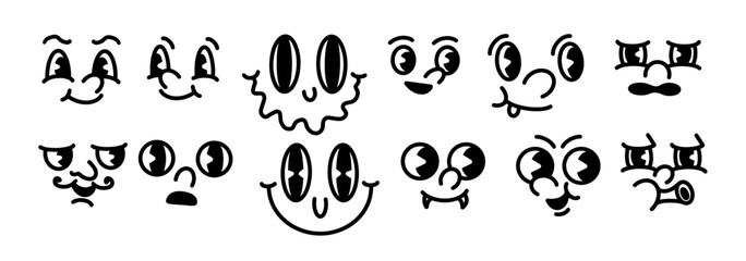 funny vector faces Retro 30s cartoon mascot characters. 50s, 60s old animation eyes and mouths. Vintage comic set