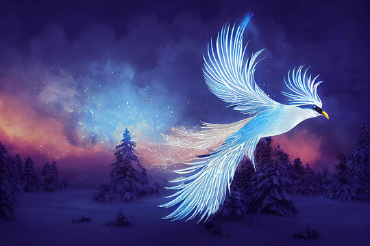 Beautiful fantasy white bird flying over the blue snowy winter forest, blue sky and sunset background, AI generated image