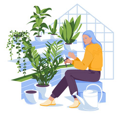 Fototapeta premium The girl takes care of the flowers in the greenhouse. Home gardening and concept of planting indoors. Flat vector illustration