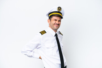 Airplane pilot over isolated white background suffering from backache for having made an effort