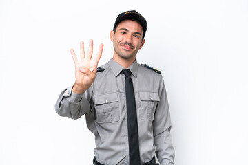 Young safeguard man over isolated white background happy and counting four with fingers