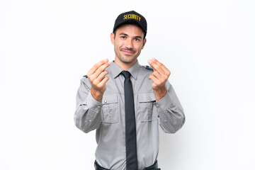 Young safeguard man over isolated white background making money gesture