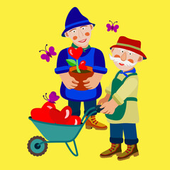 Vector - two gardeners with growing hearts.